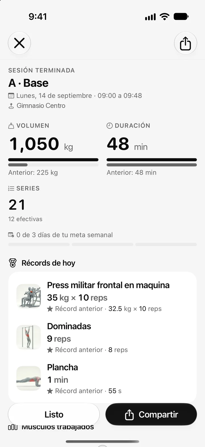 Session summary in Aura with volume, duration and records.